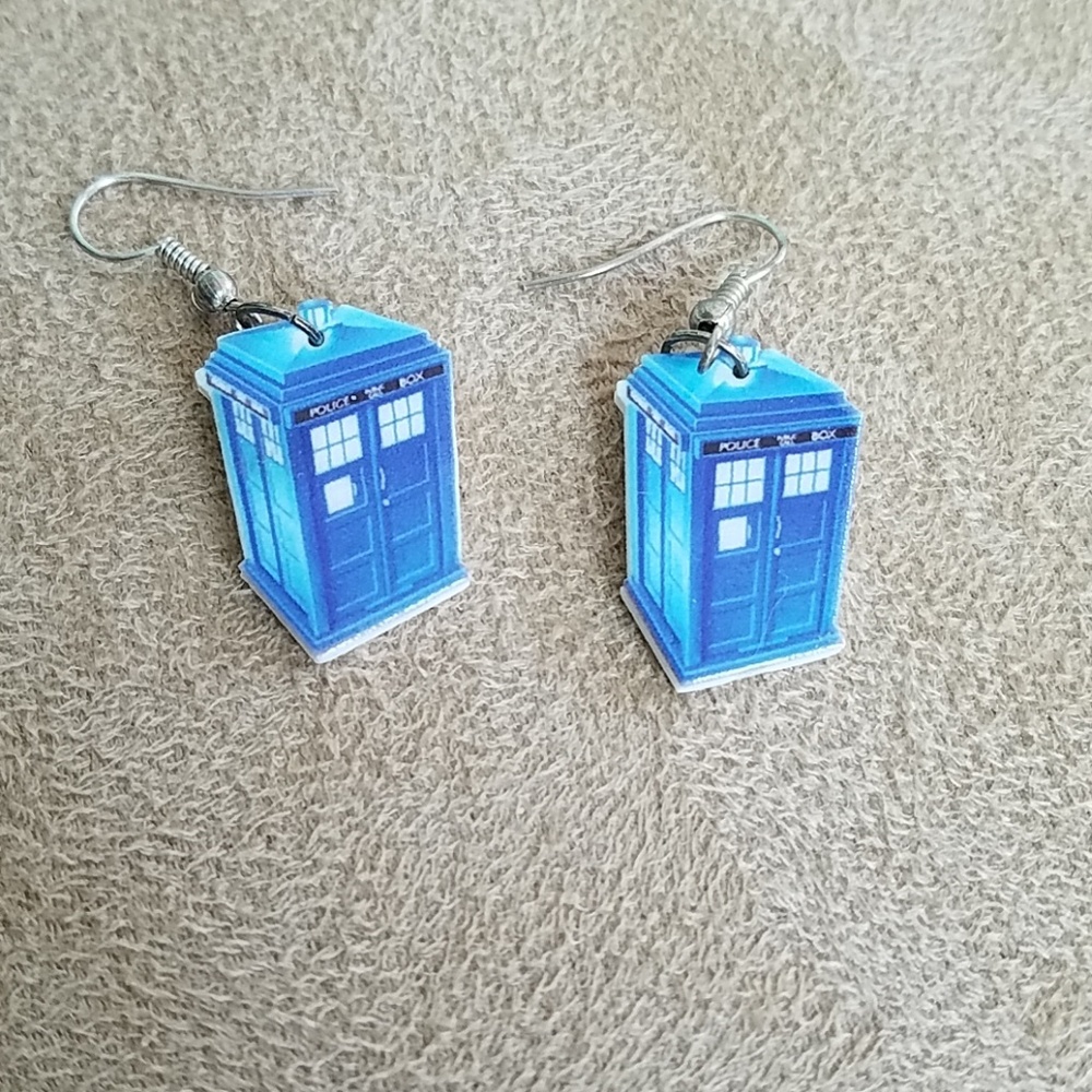 TARDIS earrings, blue shrinky dink